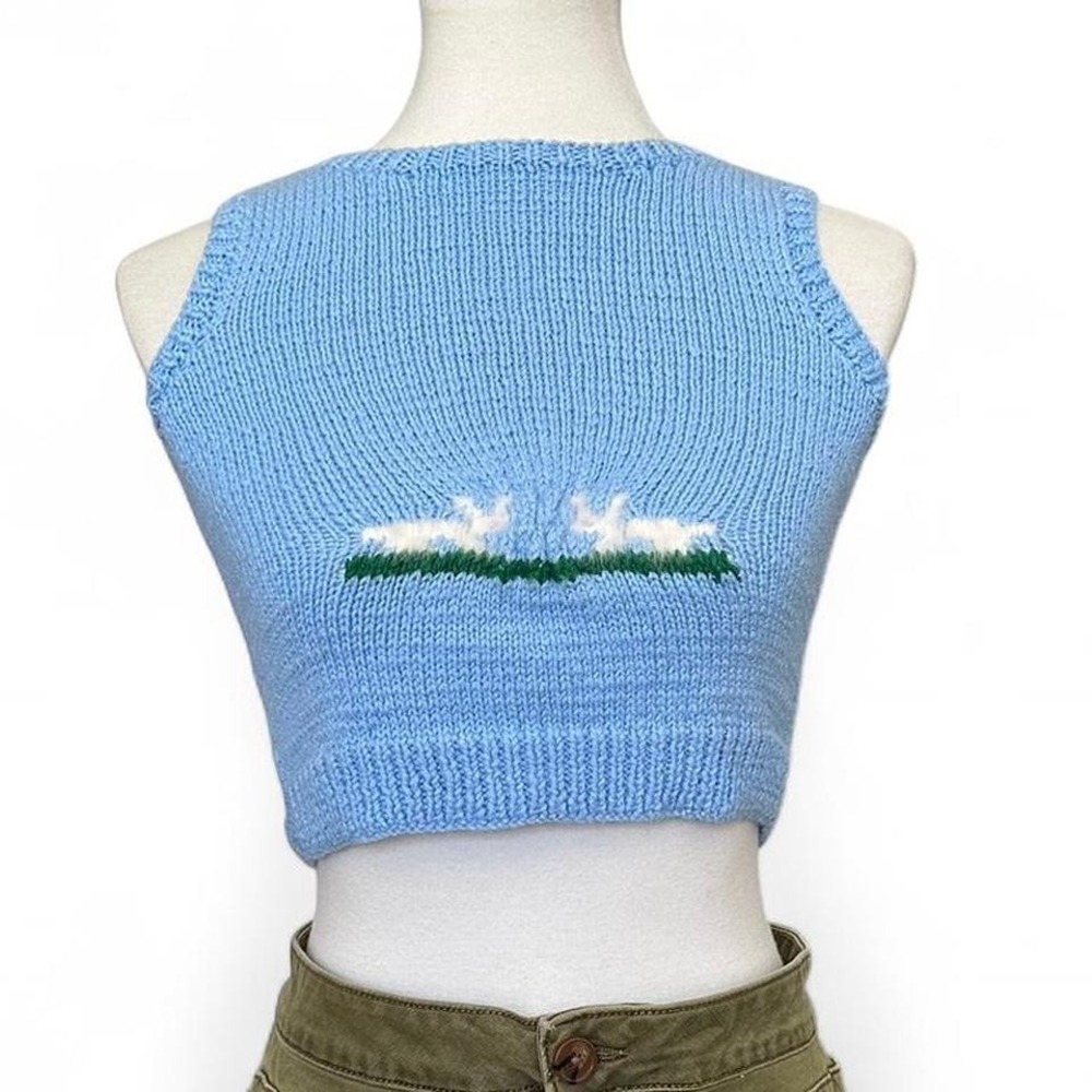 Light blue hand knit sweater vest with real angora bunnies